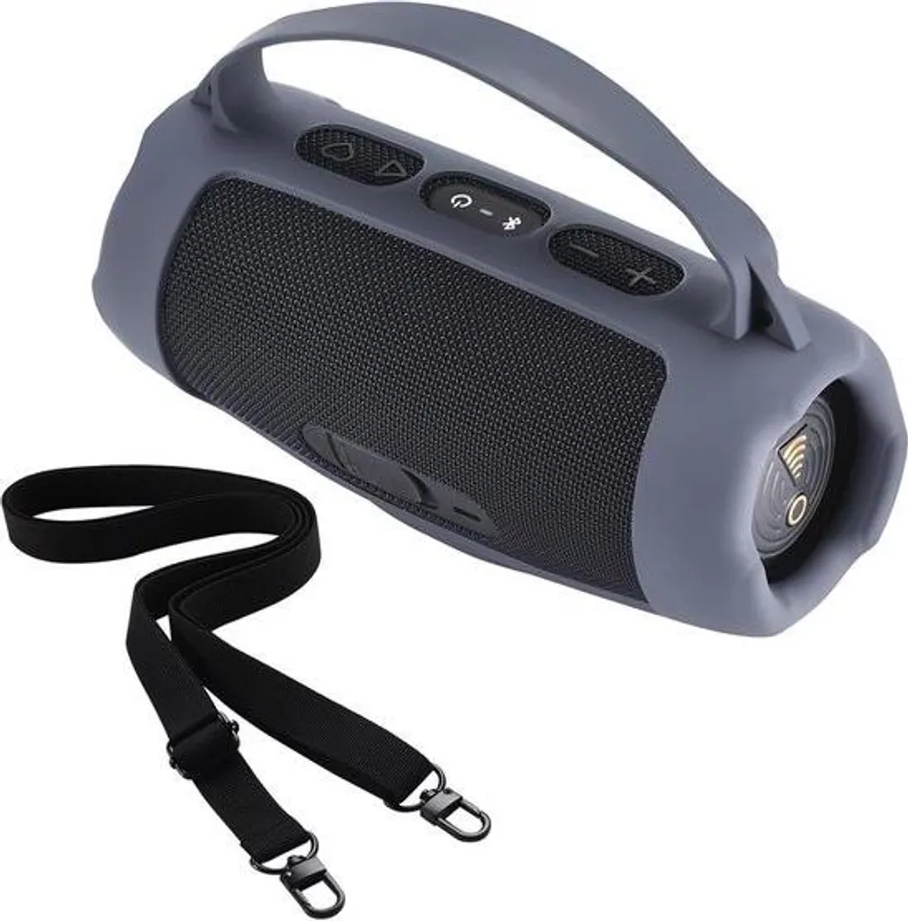 Custodia in Silicone Compatibile con JBL Charge 5 Altoparlante Portatile Bluetooth Impermeabile, Tracolla e Moschettone Inclusi (Grigio