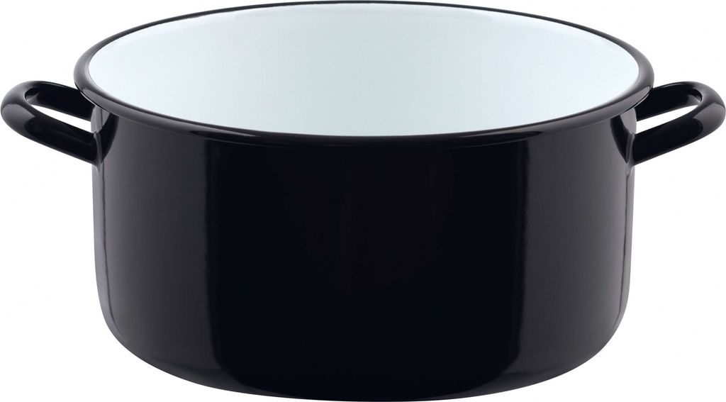 A black enamel pot with white interior and two handles, shown from a slightly elevated front-side angle against a white background.