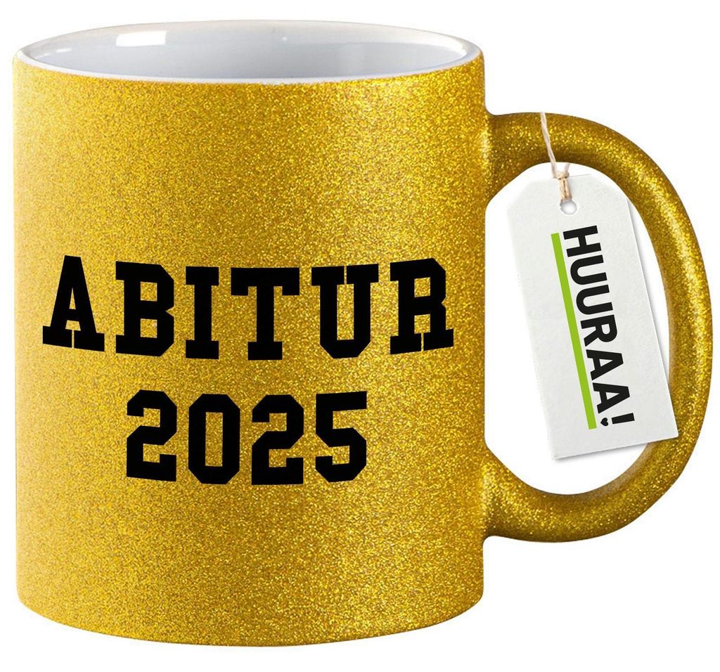 Huuraa Glitzertasse Abitur 2025 ABI 330ml Gold Keramik Kaffeebecher Geschenkidee