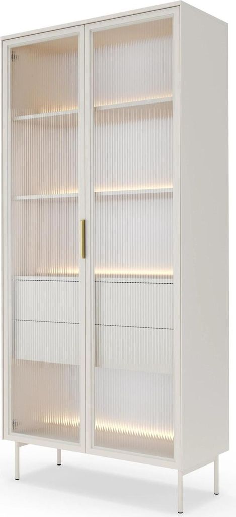 Vitrine LUMI 92 cm Kaschmir Riffelglas LED Gold Hochvitrine Wohnzimmer