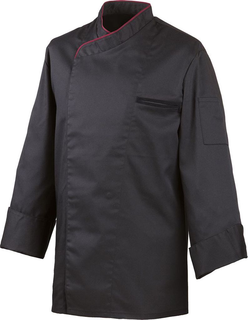 Kochjacke langarm, mit Druckknöpfen, Fb. schwarz, Paspel bordeaux, Gr. M : bordeaux : 65% Polyester 35%Baumwolle 220 g/m² : M