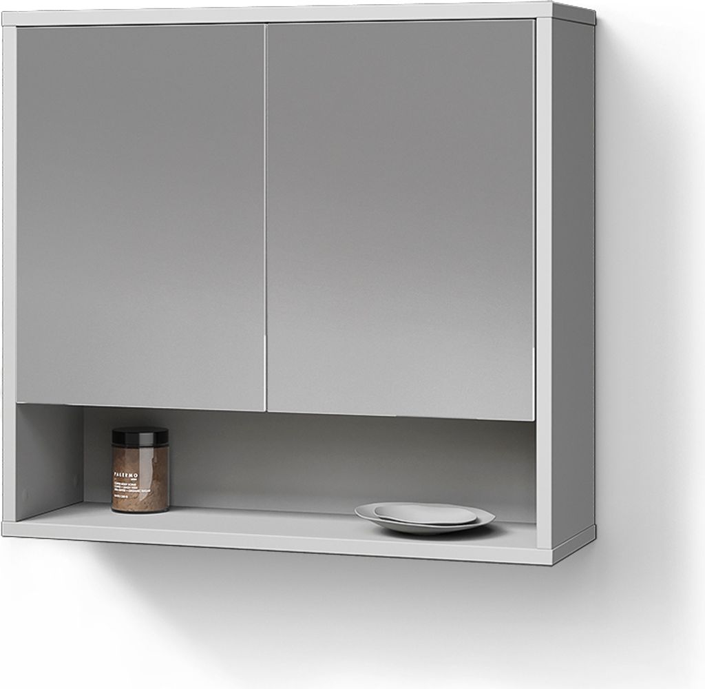 A white bathroom cabinet with mirrored doors and a shelf below.