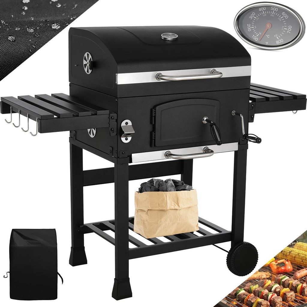 BBQ Holzkohlegrill & Smoker - Grillwagen - Gusseisen - Porzellanemailliert - Klappbare Seitentische - Haken x8 - Herausziehbare Ascheschublade - Sc...