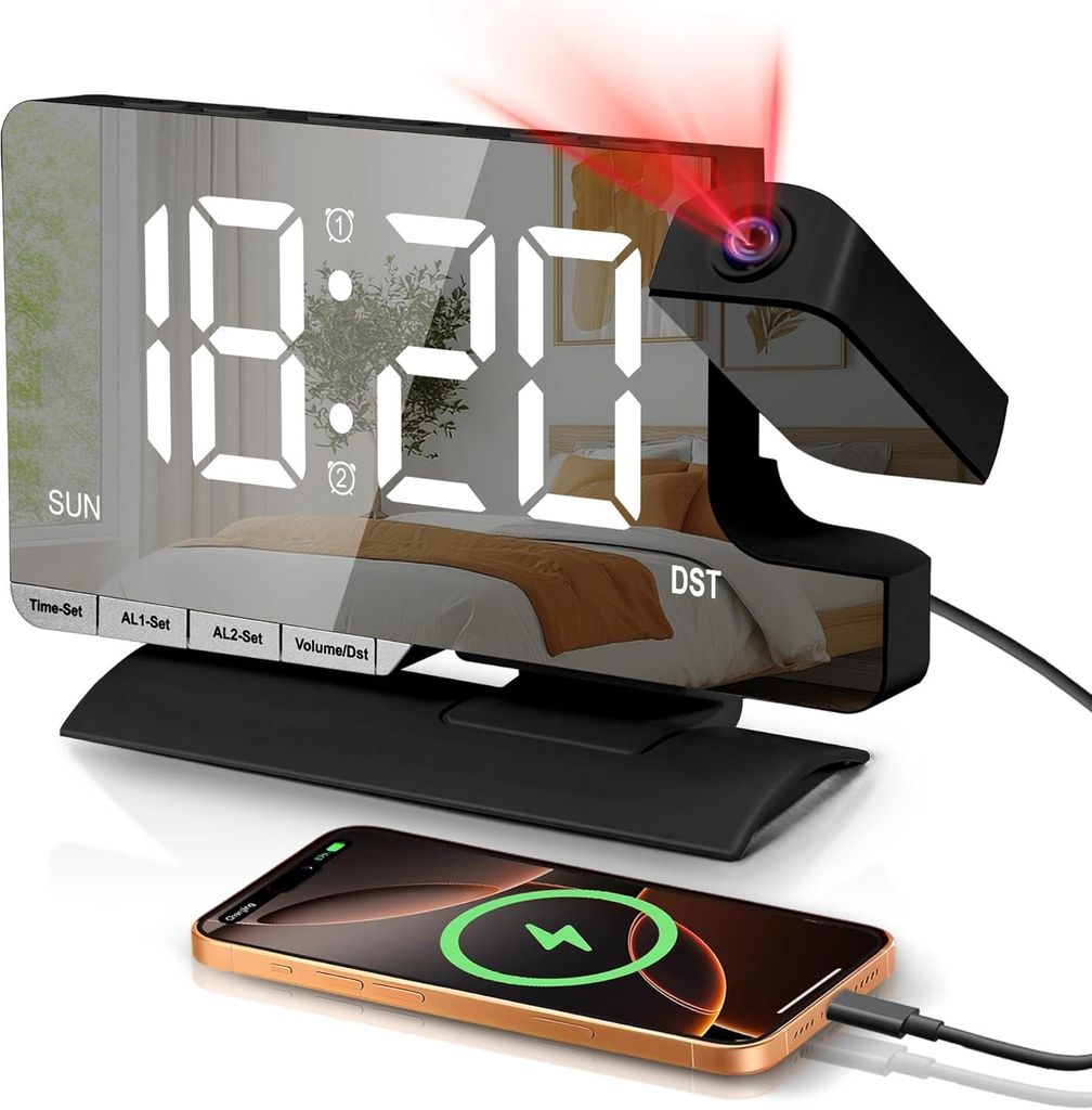 Projektionswecker Digital 7,3 Zoll LED, 180° Projektion, Spiegel Display, Dual Alarm, Snooze, USB & Type-C, dimmbar, für Schlafzimmer & Kinder