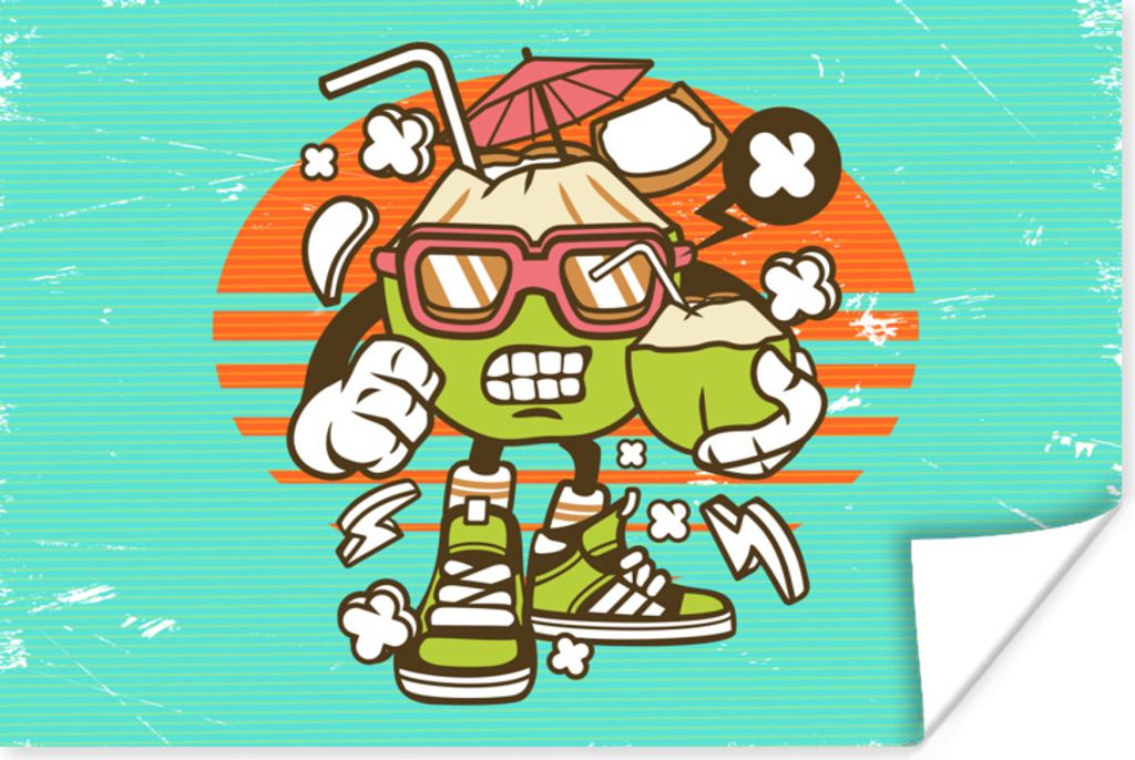 MuchoWow Poster Kokosnuss - Sonnenbrille - Retro 90x60 cm - Schlafzimmer