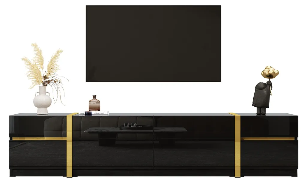 Meuble TV Noir Laqué 180 cm avec Tiroirs et Portes aux Détails Or