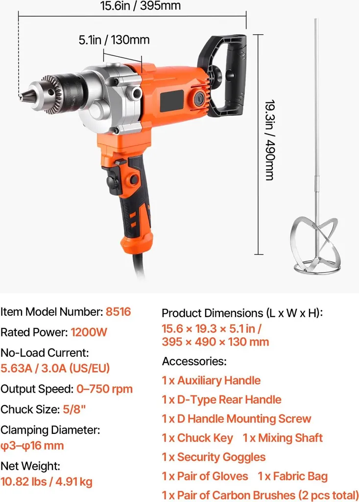Malaxeur électrique 1200W avec mandrin 1/2 pouce et vitesse variable