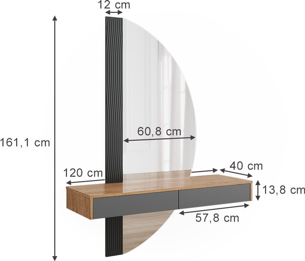 A vanity table with a mirror and dimensions indicated.