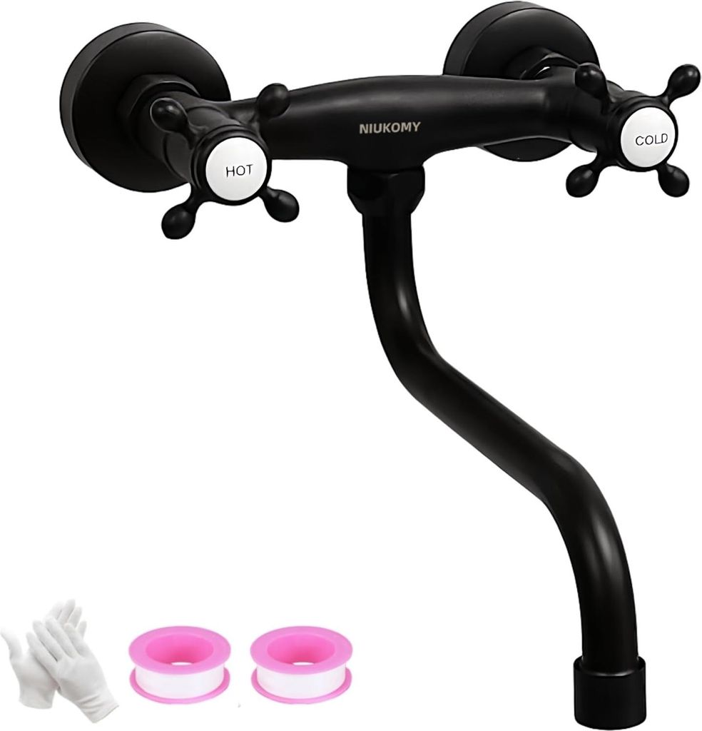 NIUKOMY Schwarze Küchenarmatur Wandmontage, Küchenarmatur Mischbatterien Wand Messing Schwarz, 360° drehbare Doppelhandgriff Waschtischarmatur W...