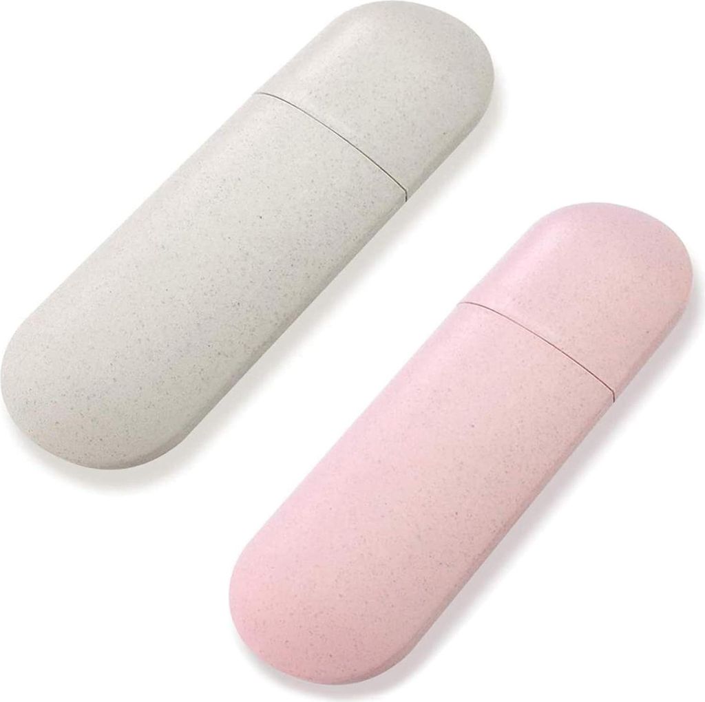 2 Stücke Zahnbürstenbox für Reisen, Tragbar für Camping und Familienlagerung (Rosa Beige)