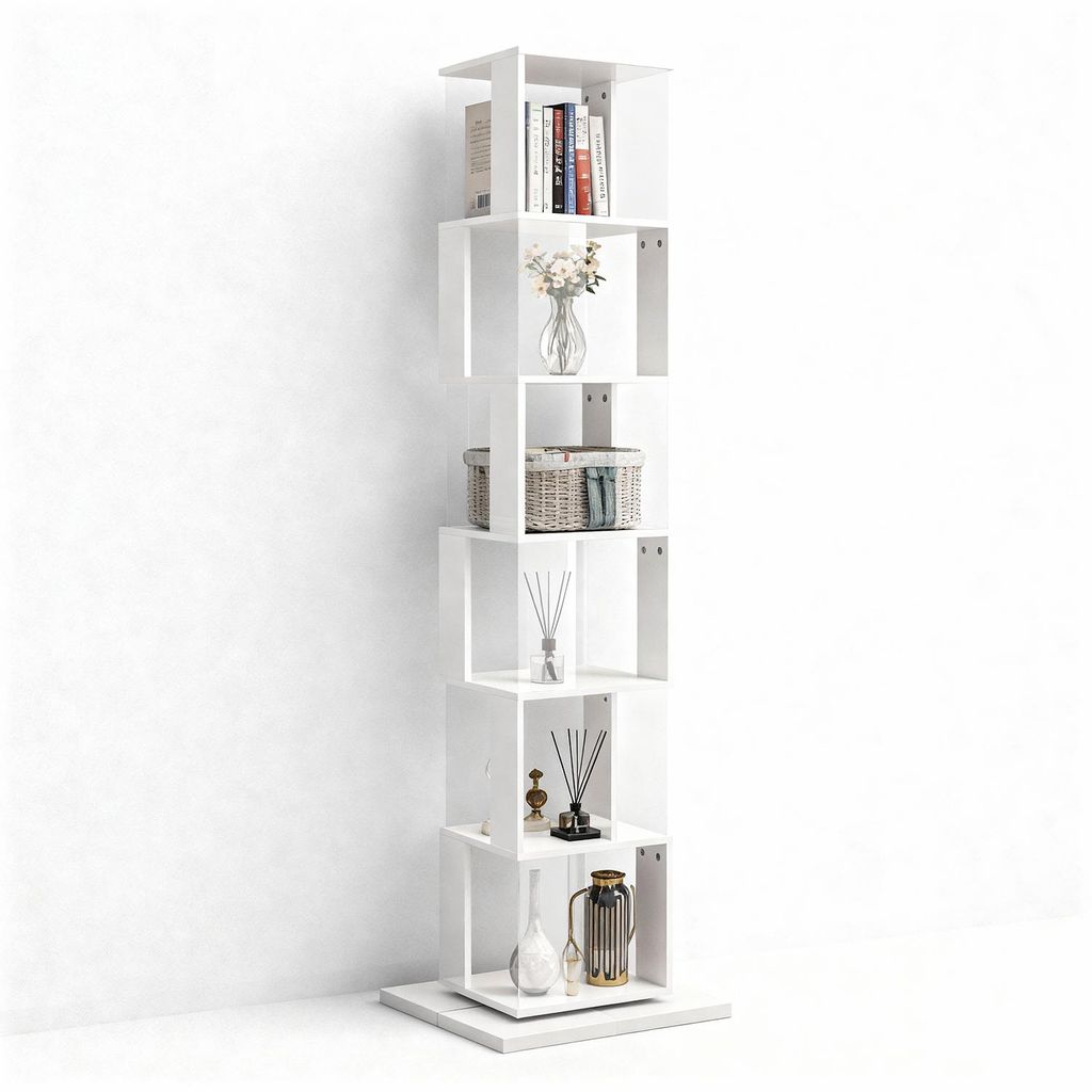 A tall, white, rotating bookshelf with several shelves, each holding decorative items and books, set against a plain white wall.