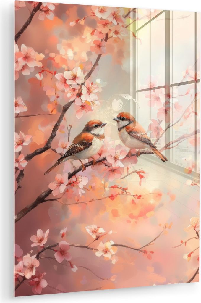 MuchoWow Glasbilder - Bilder auf Wandbild - Foto auf Glas Vögel - Romantisch - Blühende Zweige 30x40 cm Wanddekoration aus Glas - Acrylglasbild -...