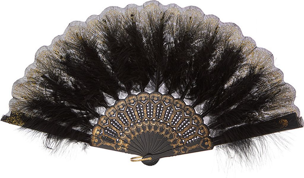 INF Federfächer - Eleganter Handfächer aus Spitze und Satin Schwarz