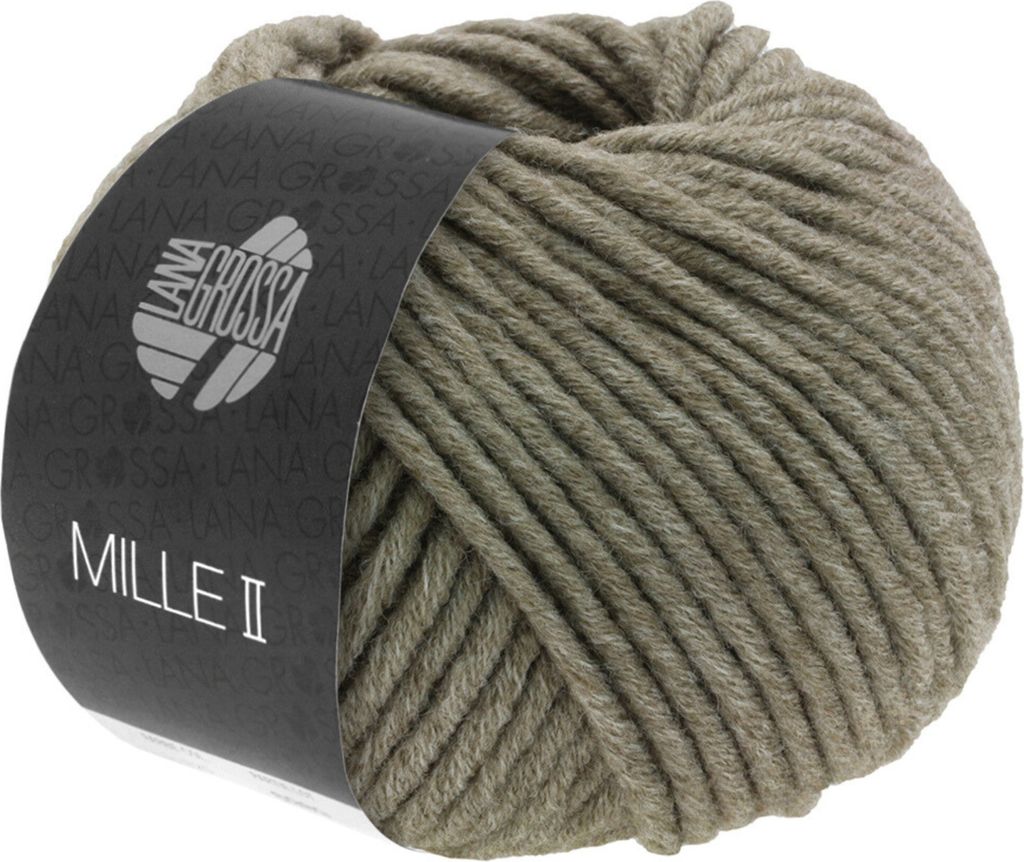 A ball of taupe yarn with a black label.