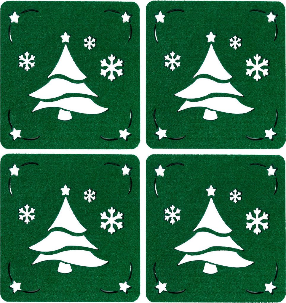 Four green square coasters, each featuring a white Christmas tree design with snowflakes and corner star accents.