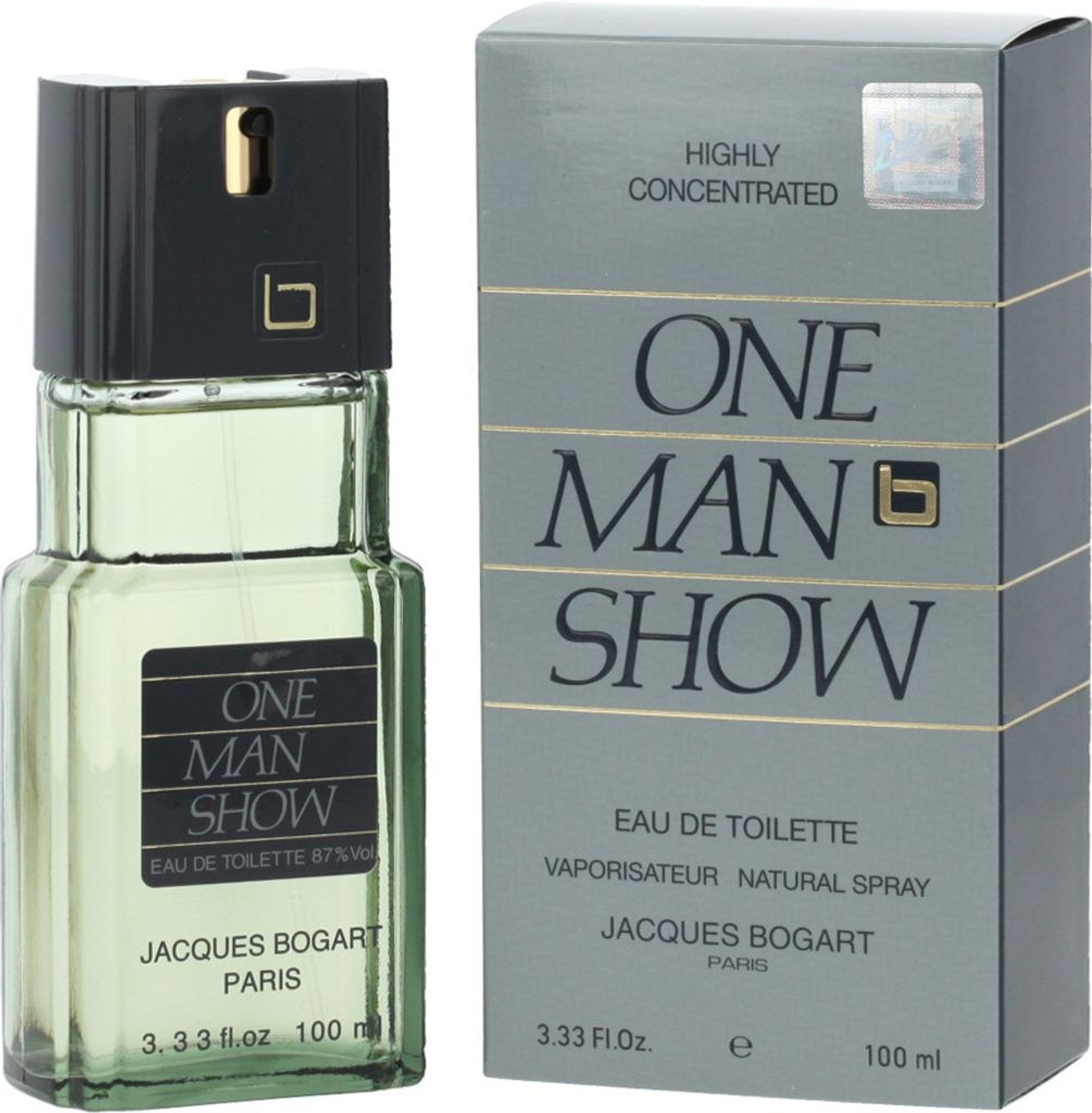 A bottle of Jacques Bogart One Man Show Eau de Toilette and its packaging are displayed against a white background.