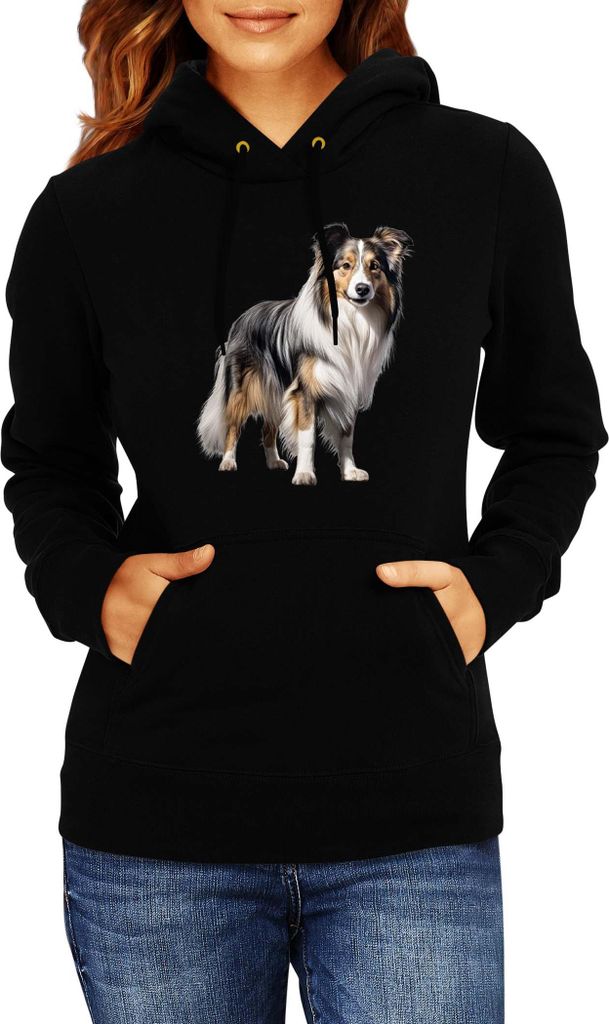 Damen Kapuzenpullover Dogs Breeds Collie Dog Breed 005, Lady XL / Schwarz