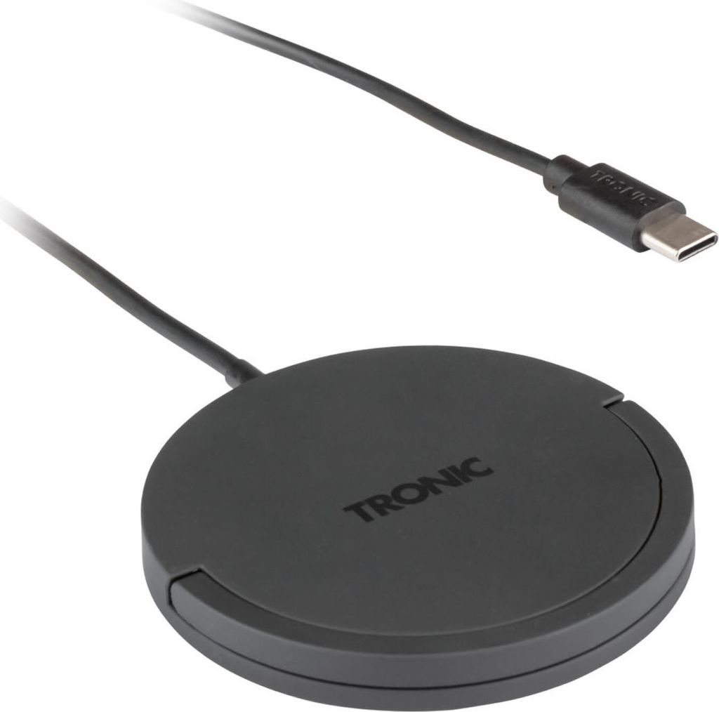 A black wireless charging pad with a USB-C cable attached, shown against a white background.