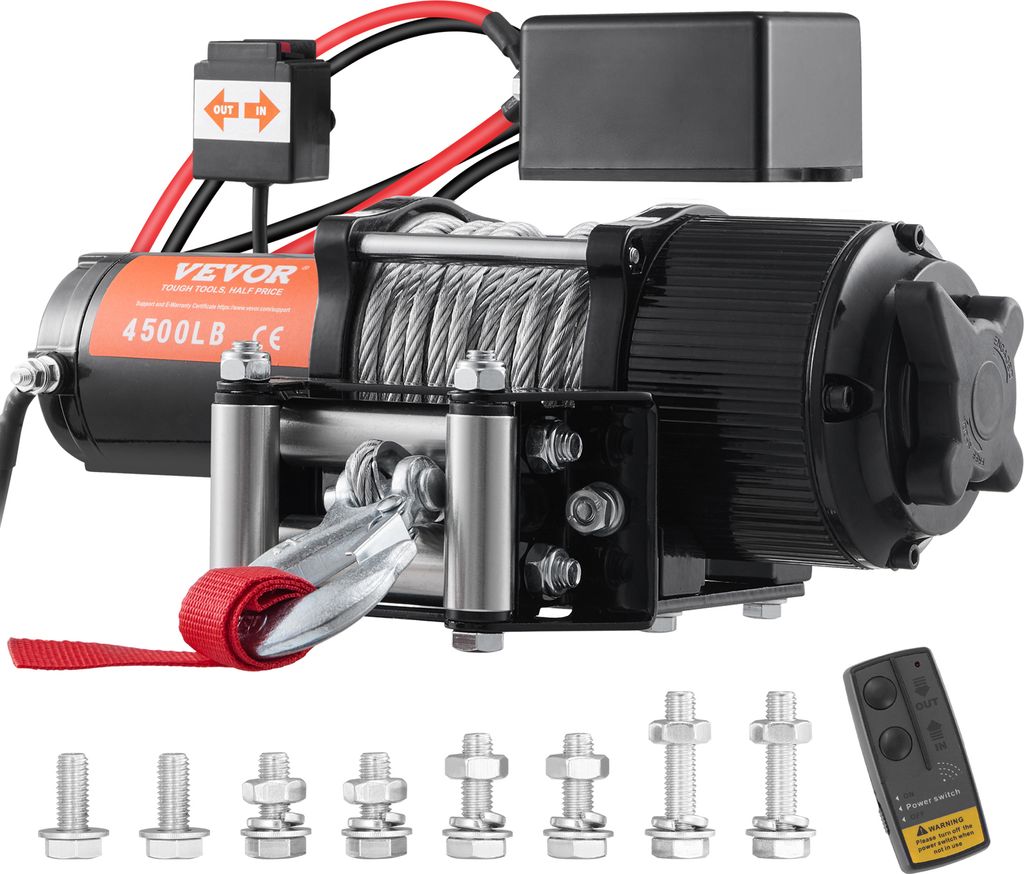 A black and orange electric winch with a steel cable and red strap, displayed with various bolts and a remote control on a white background.