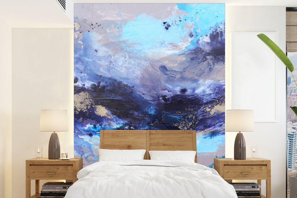 MuchoWow Fototapete für Wohnzimmer oder Schlafzimmer Wandtapete Vinyl Motivtapete Blau - Grau - Kunst - Abstrakt - Farbe - 160x220 cm - Bildschi...