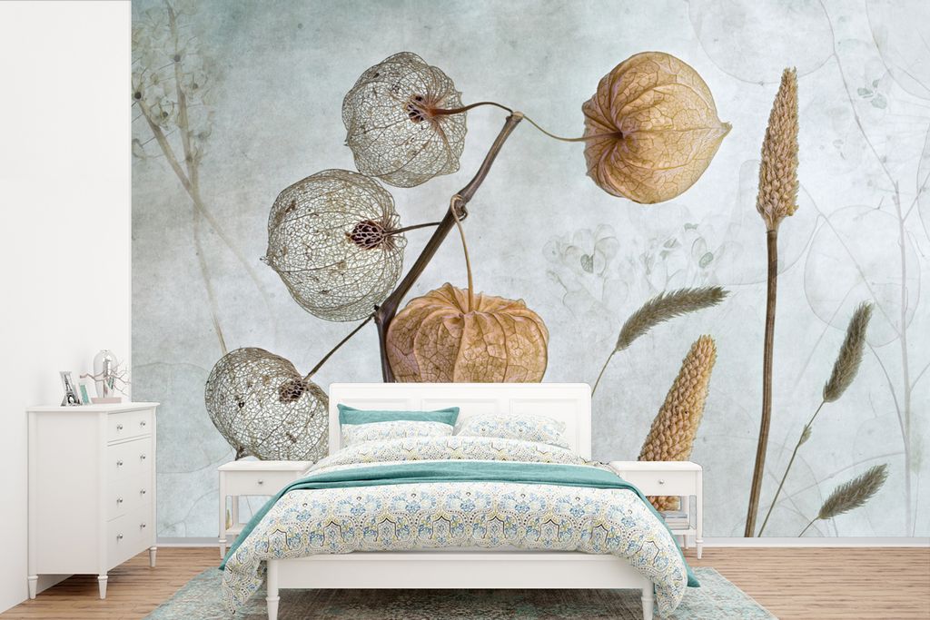 MuchoWow Fototapete für Wohnzimmer oder Schlafzimmer Wandtapete Vinyl Motivtapete Stilleben - Natur - Herbst - Trockenblumen - Braun - 390x260 c...