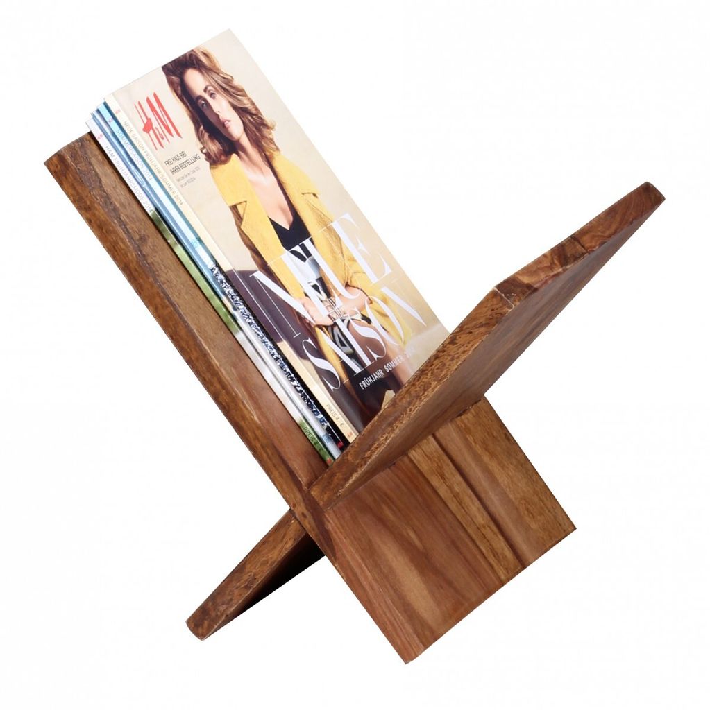 Zeitungsständer MUMBAI Massivholz Sheesham X-Form 31 cm Zeitschriften-Ständer Design Prospekt-Halter Landhaus-Stil Buchständer