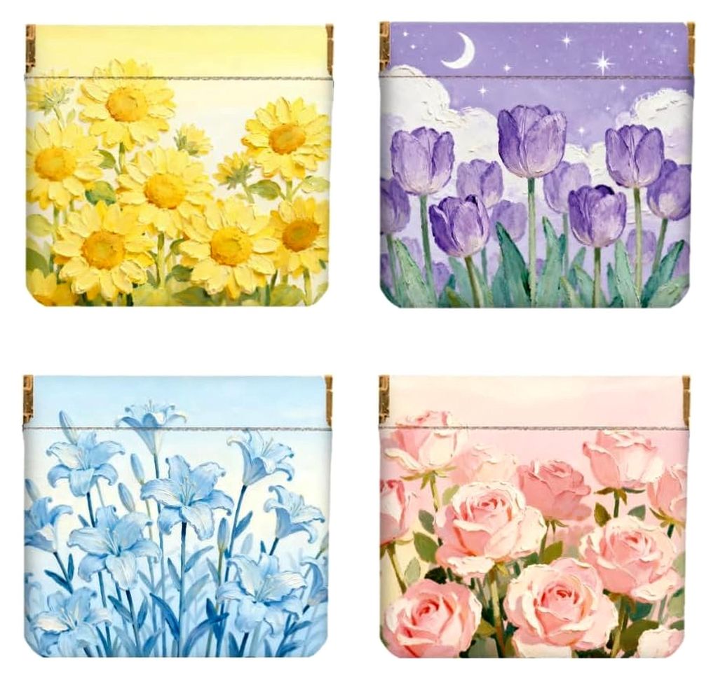 4 Stück Niedliche Ölgemälde-Blumenbüsche Kunstleder Münzbörse Mini Kleingeldbörse Kosmetiktasche Tasche Tampon Aufbewahrung Make Up Tasche K...