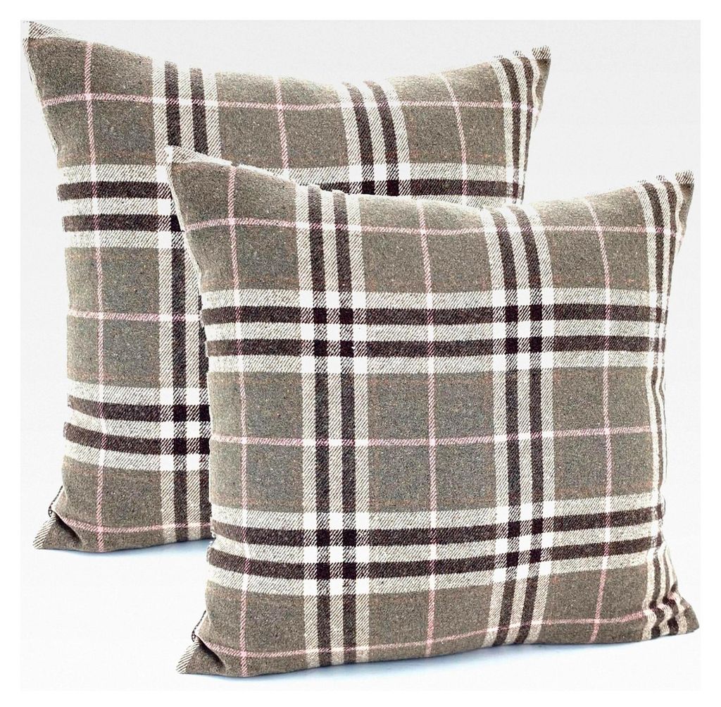 2er Set Dekokissen mit Woll-Charakter im Tartan-Muster, Kissenhülle 45x45 cm, Doppelpack, Khaki-rosa