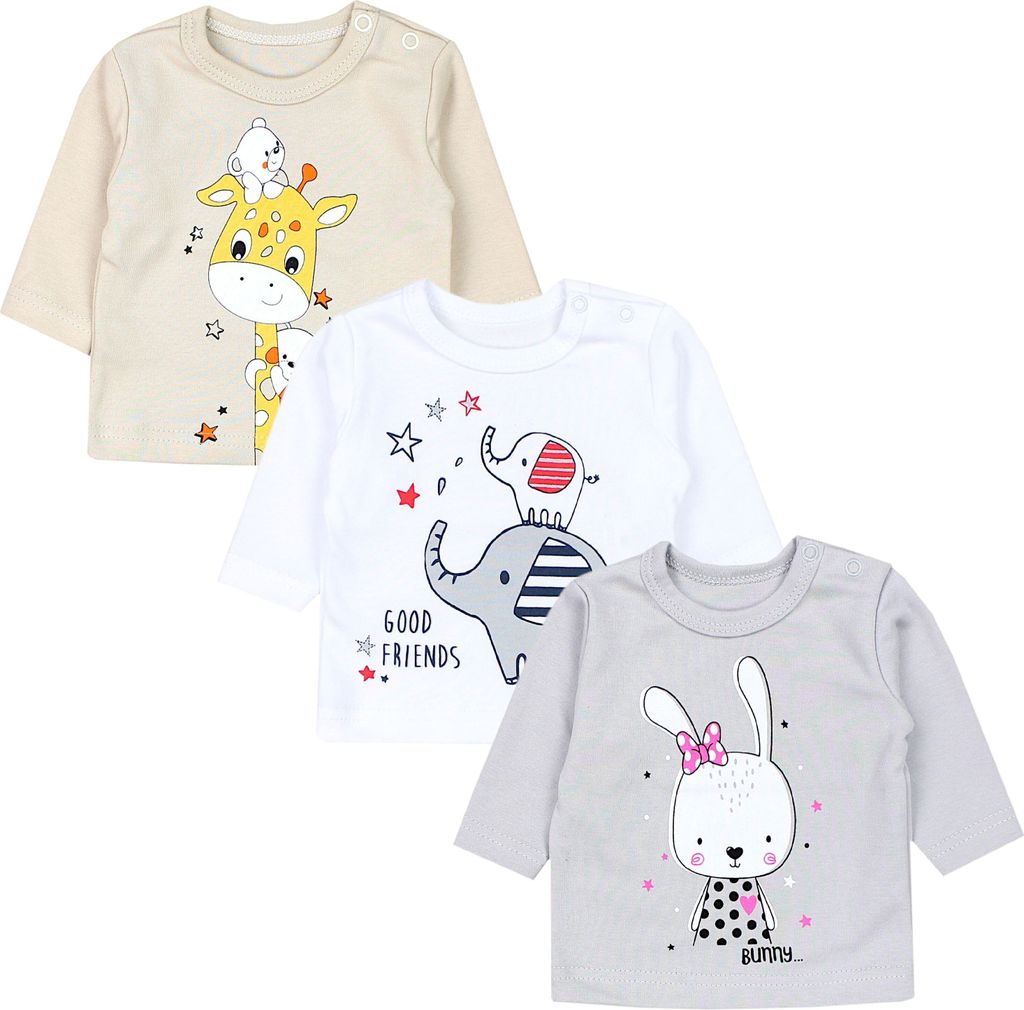 TupTam Uni Baby Langarmshirt mit Spruch Aufdruck 3er Set, Farbe: Kaninchen Grau Giraffe Beige Elefant Weiß, Größe: 68
