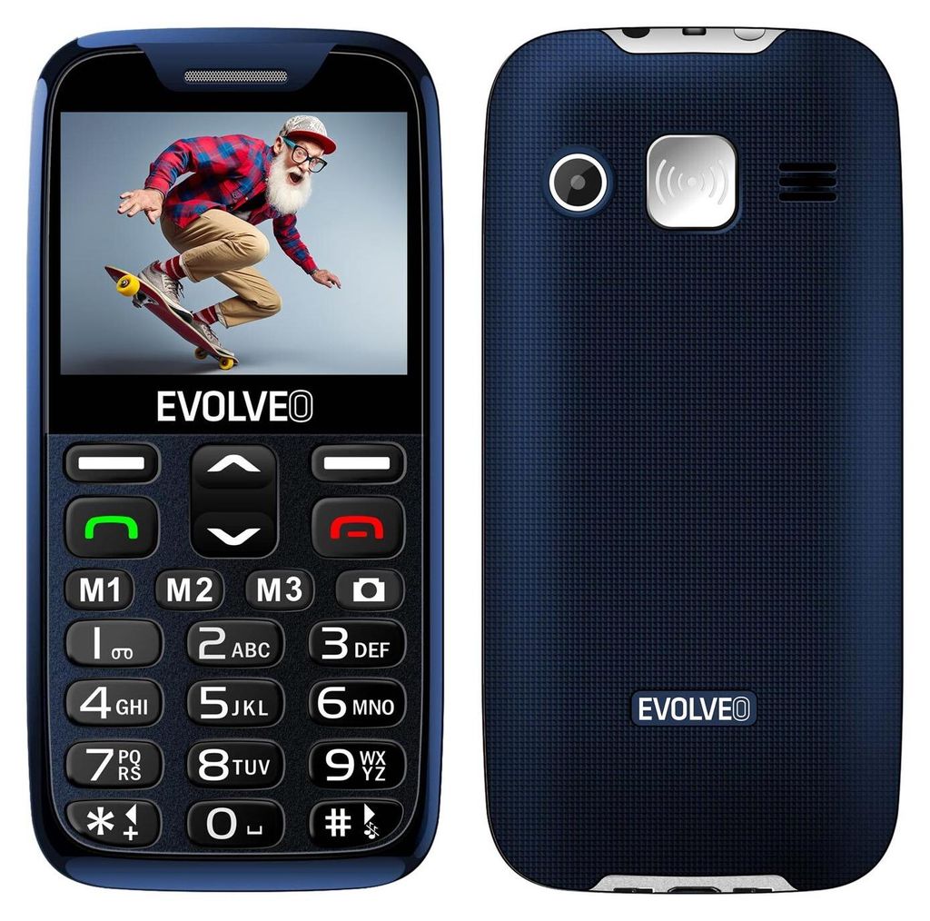 A blue EVOLVEO EasyPhone XR phone is shown from the front and back, with a picture of an elderly man skateboarding on the screen.