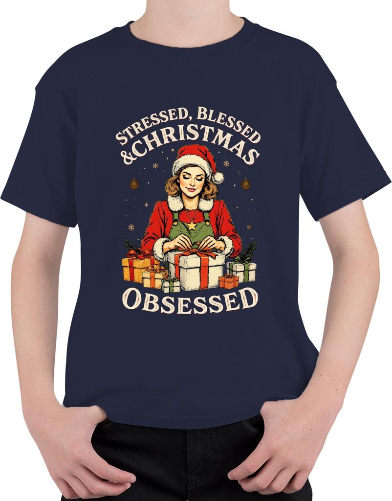 Stressed Blessed Christmas Obsessed Weihnachten Geschenk Vintage Uni Kinder T-Shirt, Navy, 140