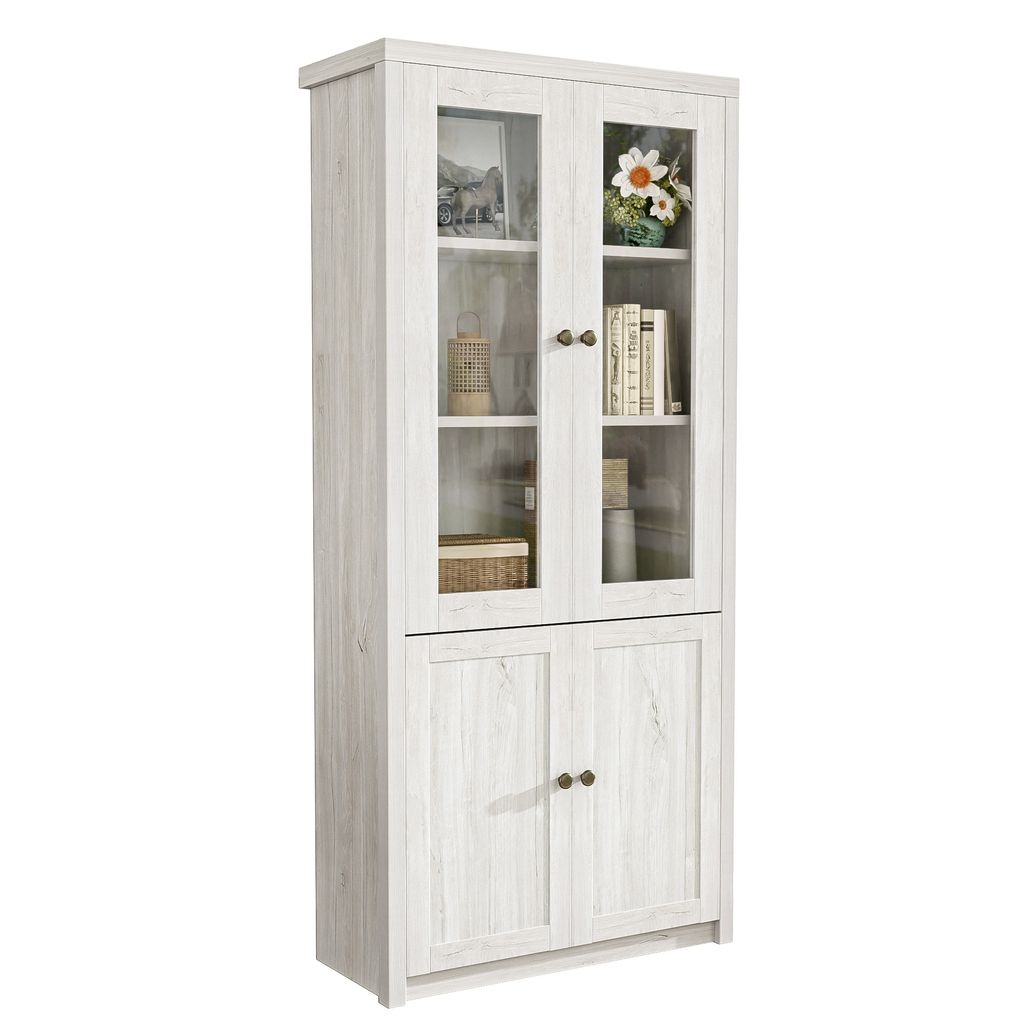 Vitrine Hochschrank Highboard Schrank Holzoptik mit Glastüren 80x34x171 cm 2 Holztüren Kupfergriffen Vielseitiger Stauraum für Wohnzimmer