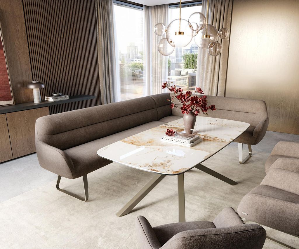 DELIFE Esszimmerbank Taya-Flex 285x190 cm Strukturstoff Soft Taupe Kufengestell flach Effektfinish Titan Taschenfederkern Links