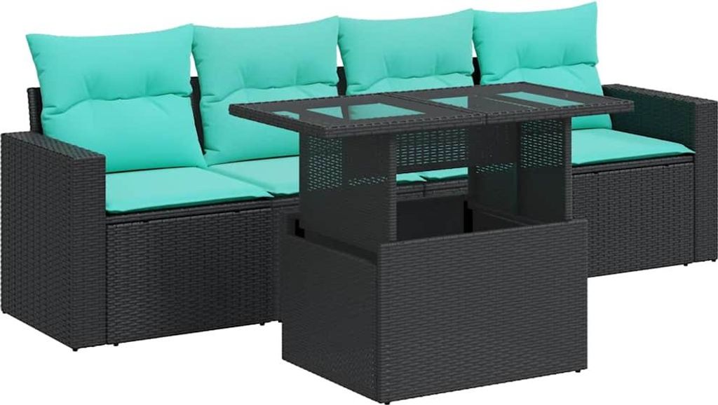 vidaXL 5tlg. Garten-Sofagarnitur mit Kissen Schwarz Poly Rattan Akazie