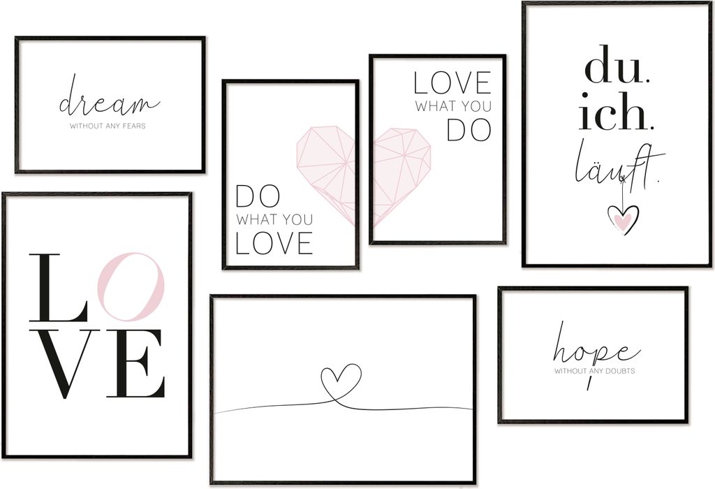 Hyggelig Home Premium Poster Set - 7 passende Bilder OHNE RAHMEN im stilvollen Set - 3 x DIN A3 + 4 x DIN A4 - Set Liebe