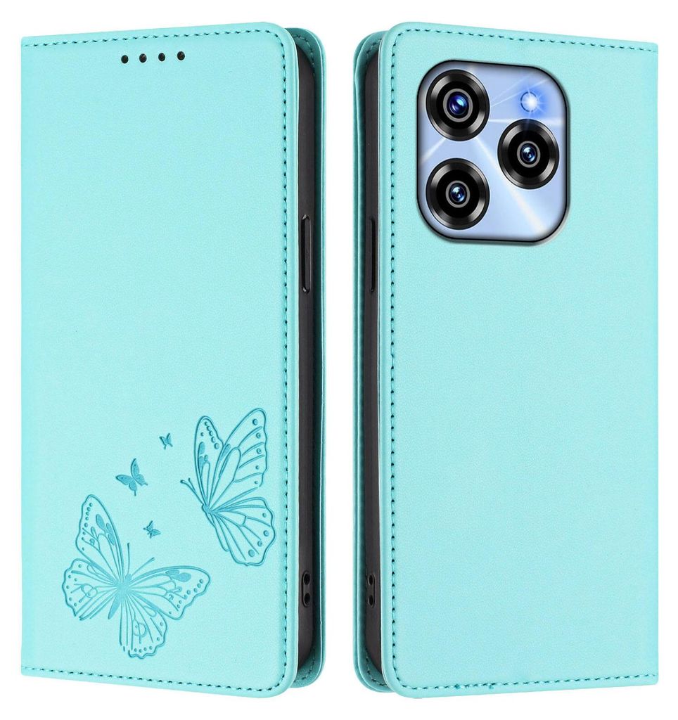 Lederhülle für Oukitel C50, Schmetterling Prägung Leder Brieftasche Schutzhülle mit Ständer Türkis