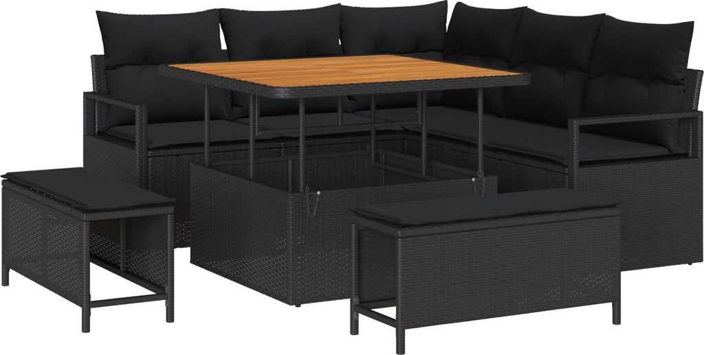 Möbel 8-teiliges Garten Sofa Set mit Kissen Schwarz Poly Rattan Akazie, 2-Sitzer Garten Sofa mit Stauraum & Kissen Schwarz Poly Rattan, 3-teiliges...