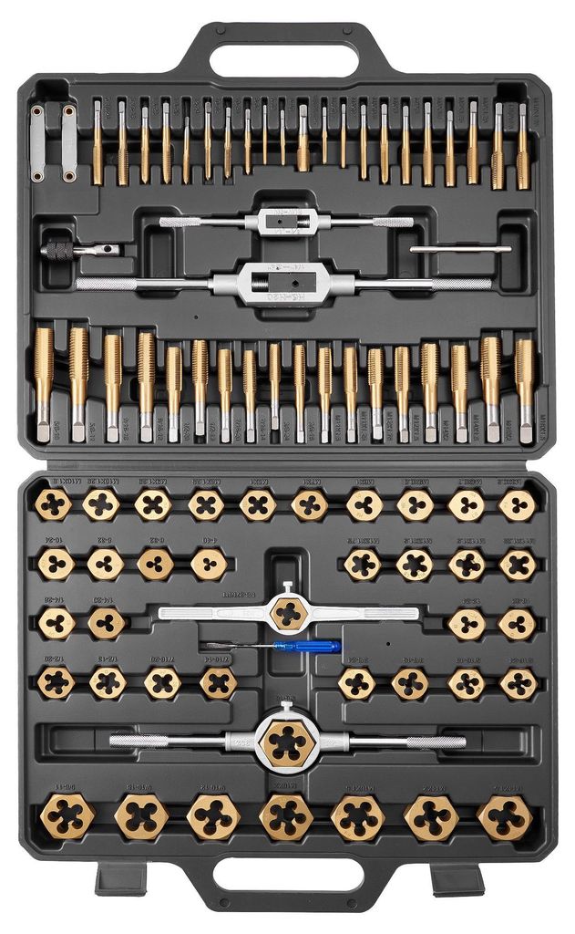Gewindeschneider-Set - 86-teilig - Gewindebohrer- und Schneideisen-Satz - Metrisch M3–M12 - SAE Nr. 4–1,59 cm - Grob- und Feingewinde - Mit Tra...