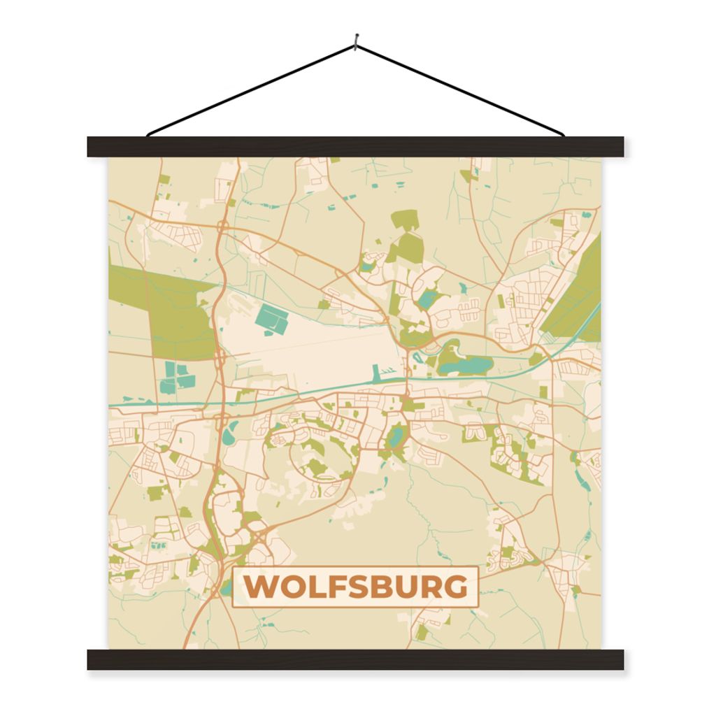 MuchoWow Textilposter Wolfsburg - Karte - Stadtplan - Vintage 90x90 cm mit schwarzem Rahmen - Magnetisches