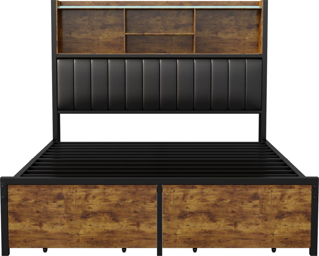 Doppelbett 140x200 cm mit LED, Metallrahmen, 2 Schubladen, Produktbild 