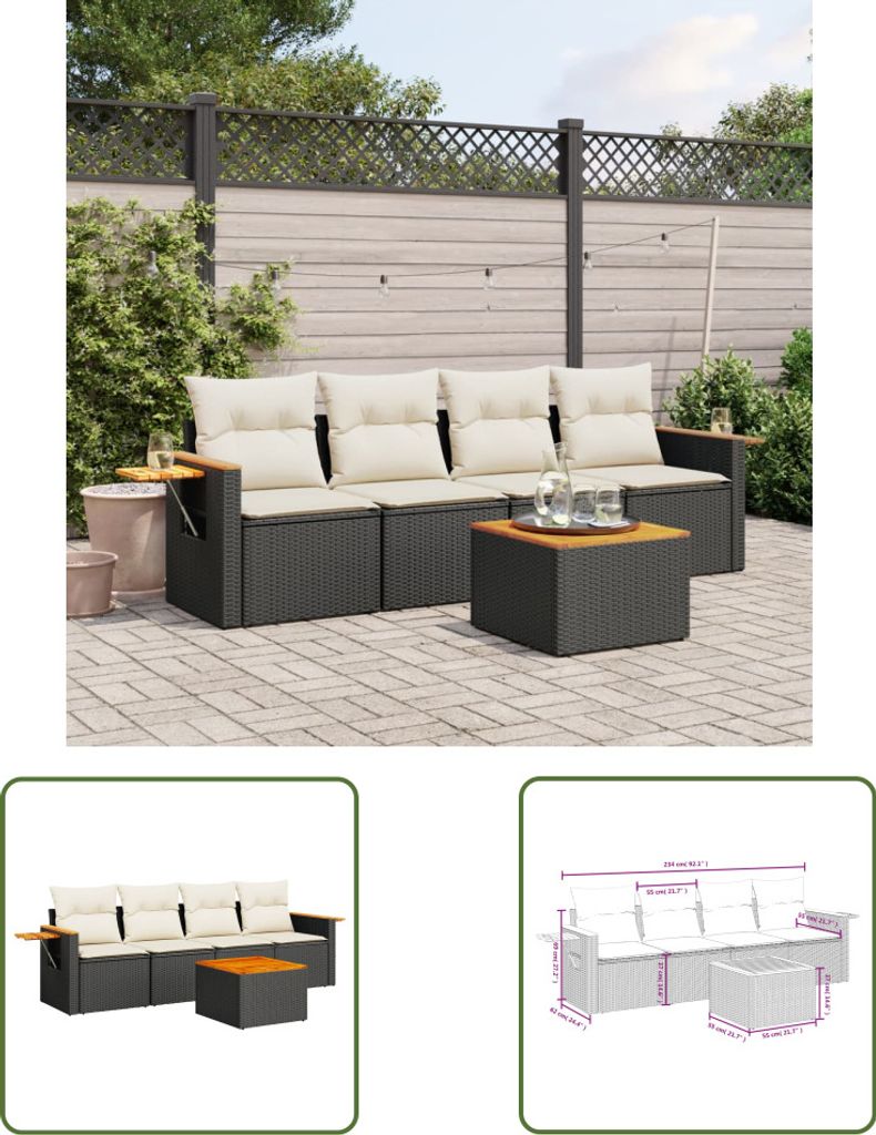 The Living Store 5-tlg. Garten-Sofagarnitur mit Kissen Schwarz Poly Rattan