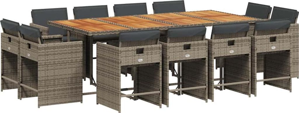vidaXL 13-tlg. Garten-Essgruppe mit Kissen Grau Poly Rattan
