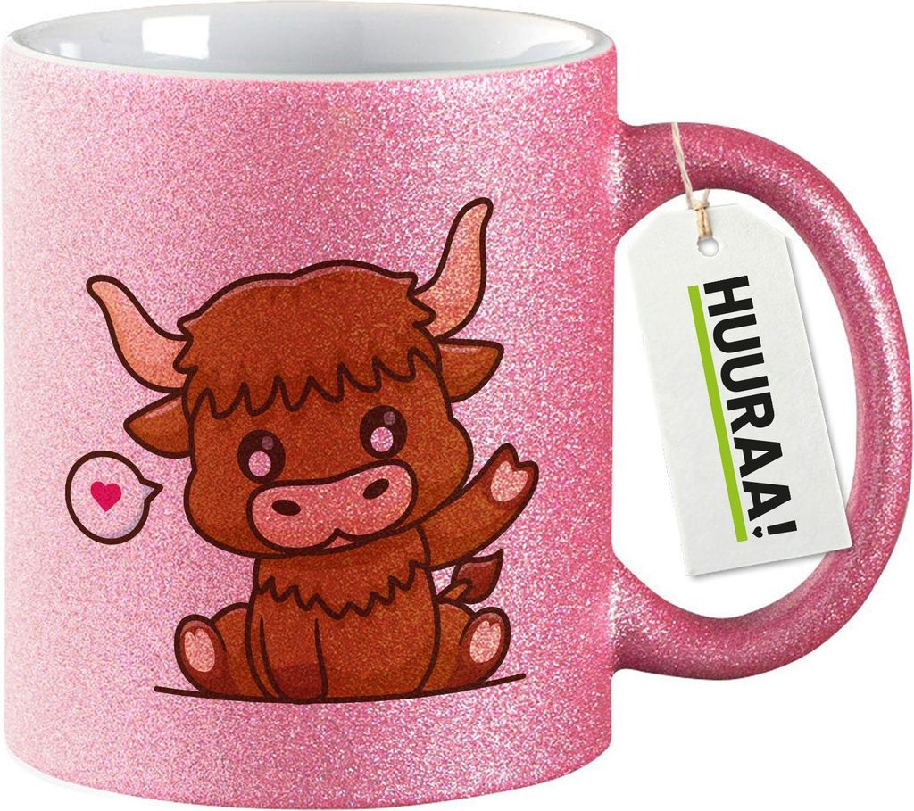 Huuraa Glitzertasse Schottisches Hochlandrind Zottelrind 330ml Pink Keramik Kaffeebecher Geschenkidee