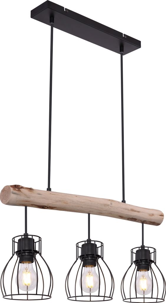 A three-light pendant chandelier with a wooden beam and black metal cages.