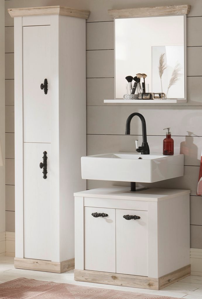 Badmöbel Set "Rovola" Pinie weiß / Oslo Pinie Landhaus Badezimmer 3-tlg 122 x 200 cm