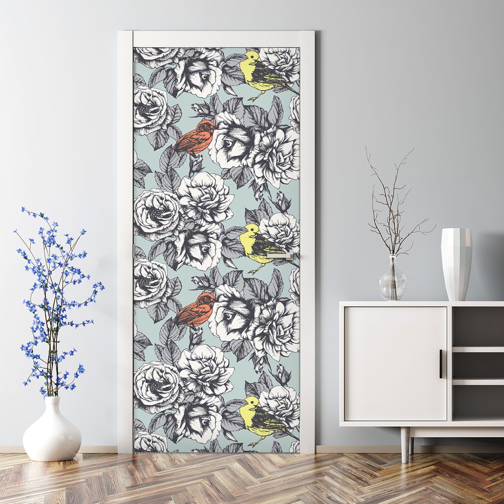 Dekorative Türposter selbstklebend Klebefolie Wandaufkleber Türaufkleber Rosen Vögel weiß 85 x 200 cm