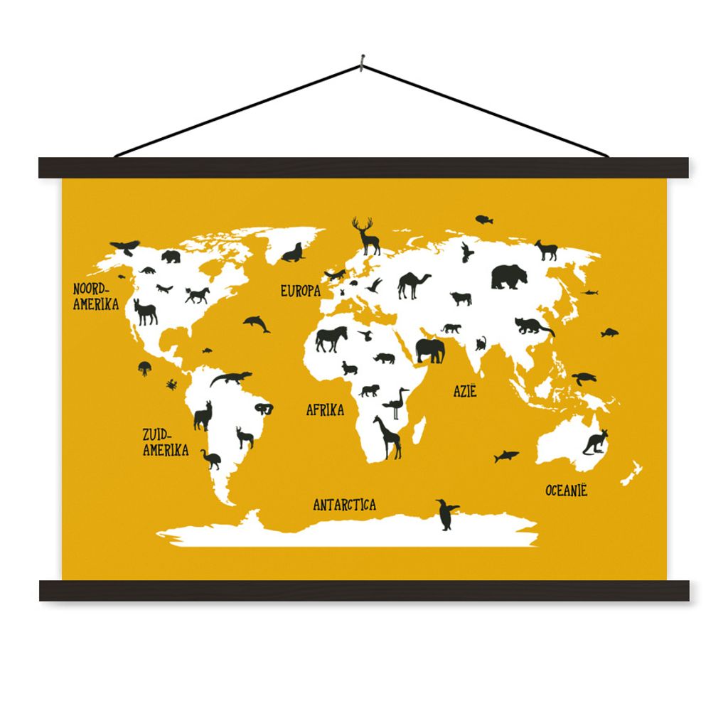 MuchoWow Textilposter Weltkarte Kinder - Tiere - Gelb 150x100 cm mit schwarzem Rahmen - Schlafzimmer