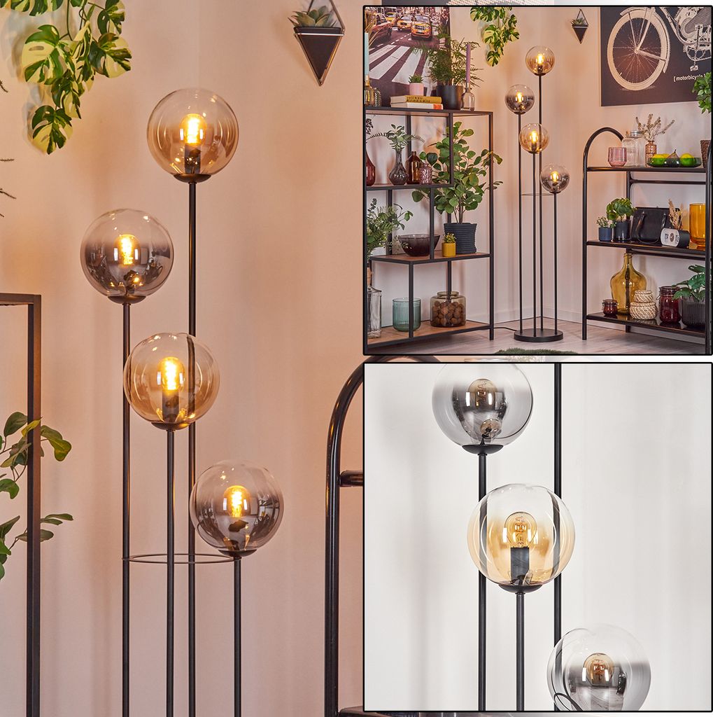 Fossobiubo Stehlampe aus Metall/Glas in Schwarz/Rauch/Bernstein/Klar, Fußschalter