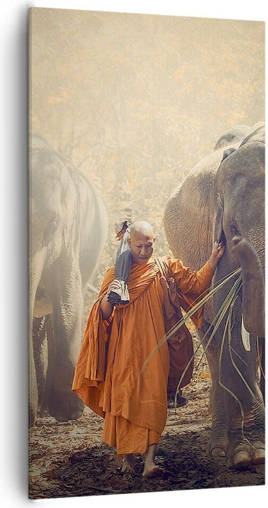 Bild auf Leinwand - Leinwandbild - Elefant Mönch Dschungel - 65x120cm - Wand Bild - Wanddeko - Leinwanddruck - Bilder - Kunstdruck - Wanddekoratio...