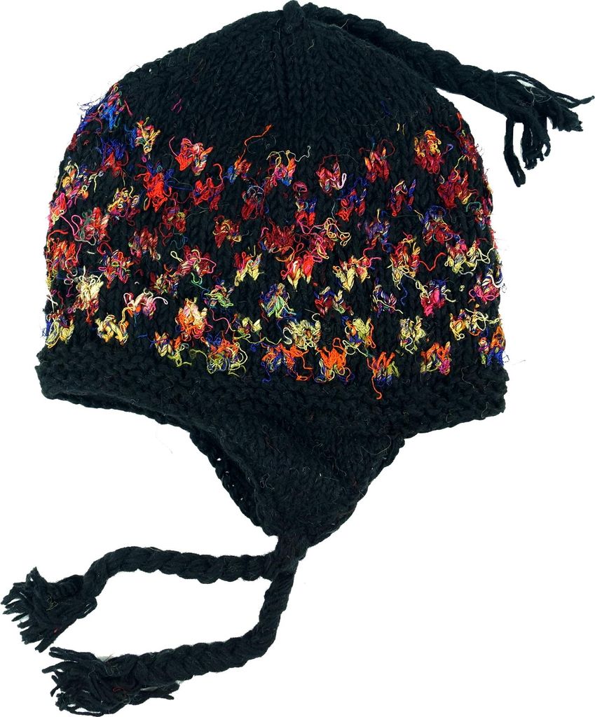 Wollmütze mit Ohrenklappen - Schwarz/bunt, Uni, Wolle, Mützen
